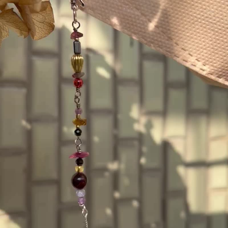 天然石纯银口罩链   碧玺  香槟石榴石   红虎眼 - 口罩 - 宝石 红色