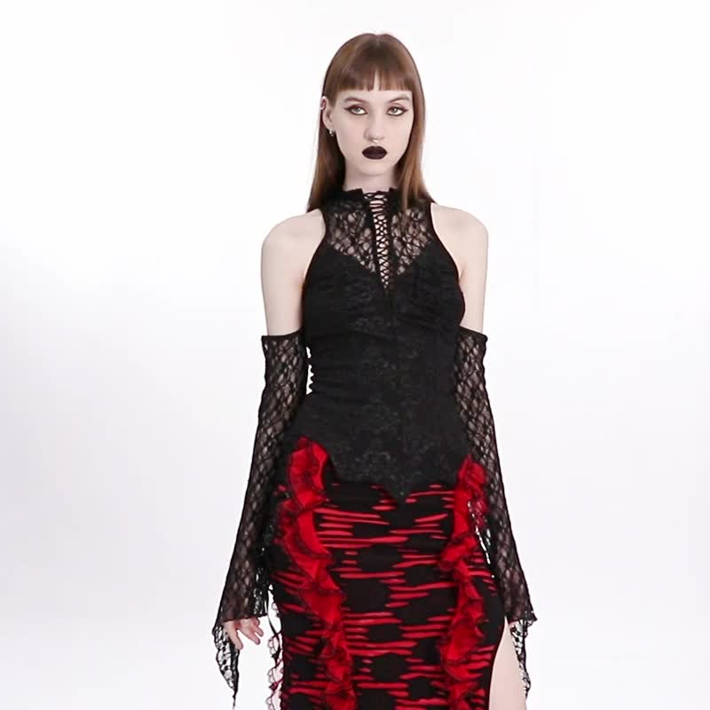 哥德吸血鬼缇花喇叭袖上衣 / 即将绝版 - 女装上衣 - 其他材质 黑色