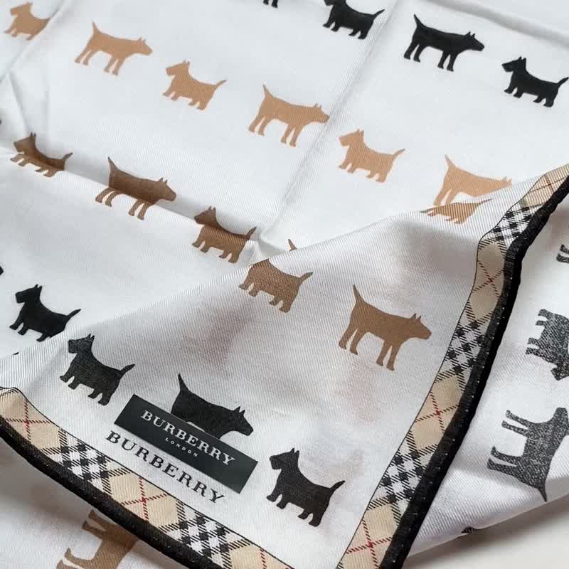 复古 Burberry 狗狗印花 Nova Check 格纹边框 白色棉质手帕丝巾 全新附吊牌 - 手帕/方巾 - 棉．麻 白色