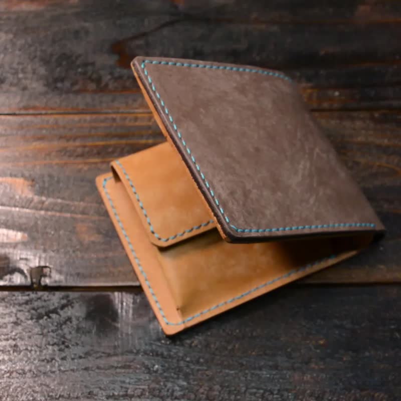 意大利皮革 手工缝制 对折皮夹 深棕色 x 干邑色 - 皮夹/钱包 - 真皮 咖啡色