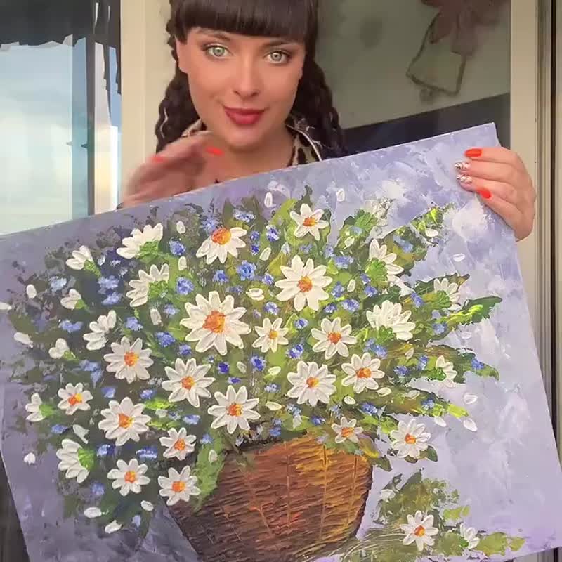 雏菊绘画加州原创艺术花篮艺术雏菊花丙烯酸Impasto绘画21.8by17. - 海报/装饰画/版画 - 其他材质 白色