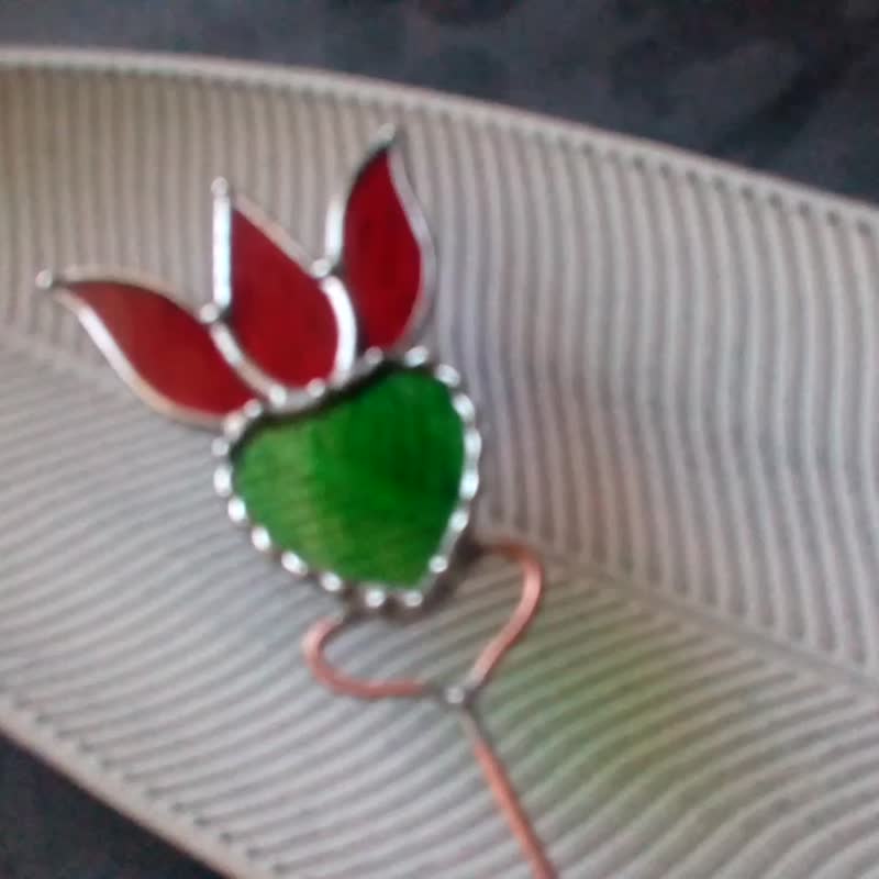 Plant pot glass stake. Stain glass red plant green heart flower pot pole, stick. - 植栽/盆栽 - 玻璃 多色