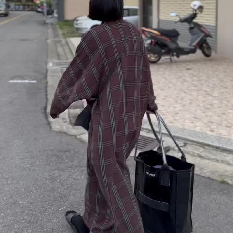 复古格纹 长版洋装 - 洋装/连衣裙 - 聚酯纤维 咖啡色