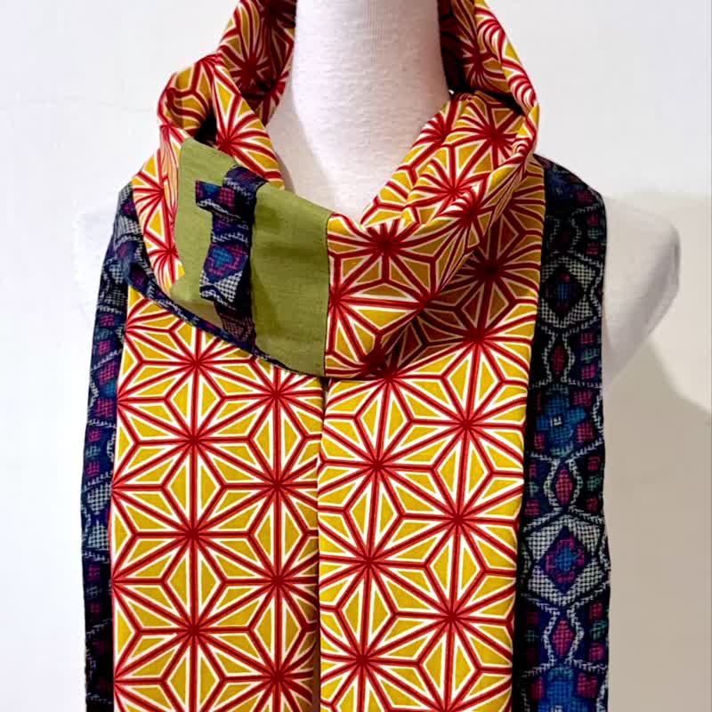 纯手作/日本古董织布万花筒大岛䌷麻叶纹丝质羊毛拼接围巾/No.284 - 围巾/披肩 - 丝．绢 多色