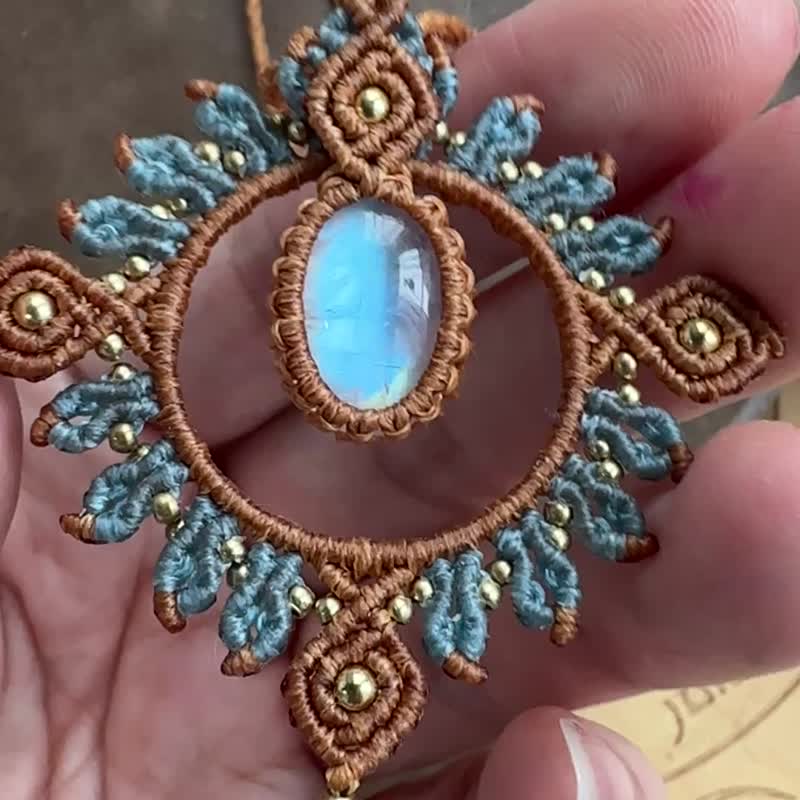 N1143 蜡线编织 月亮石 磷灰石 海蓝宝 铜珠 颈链 (可调长度) - 项链 - 宝石 咖啡色