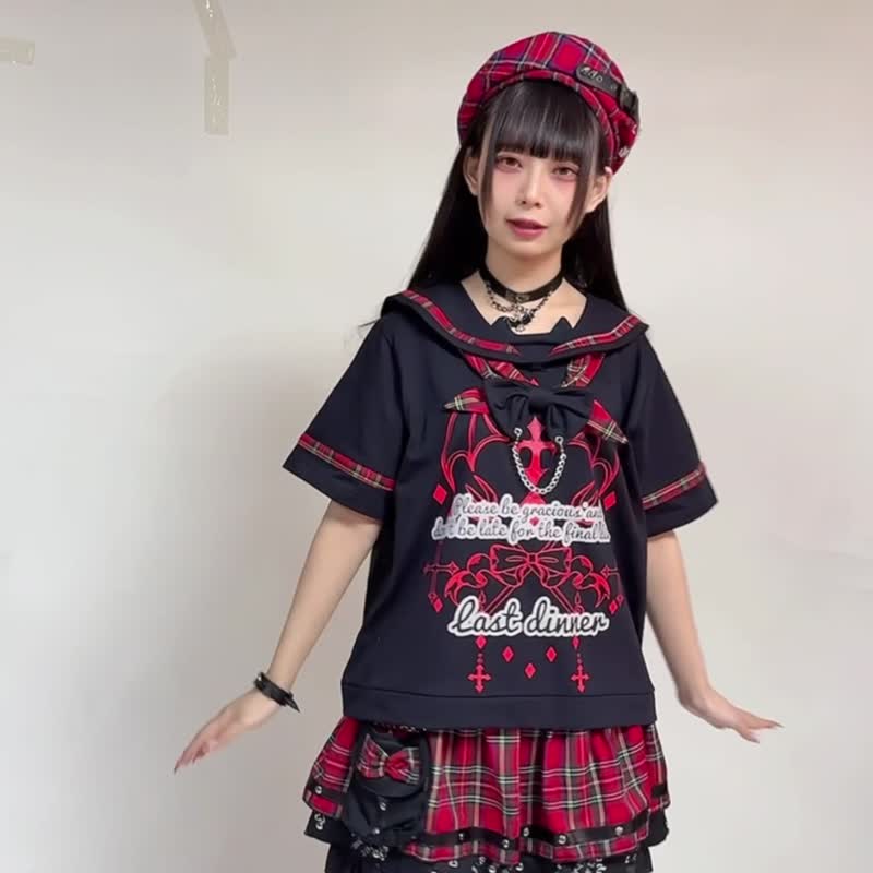原创最后的晚宴格纹花边绑带短袖水手服T恤附领结不良JK【JJ2496 - 女装 T 恤 - 棉．麻 