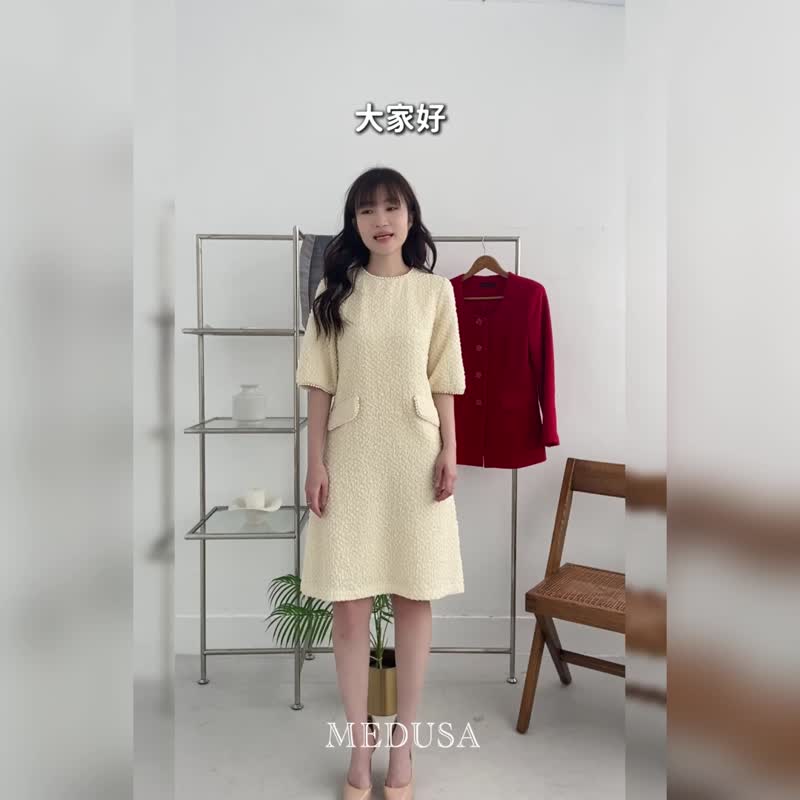 【MEDUSA】珍珠纹理泡泡公主袖洋装(M-XL) | 小礼服 白洋装 婚礼 - 晚装/礼服 - 聚酯纤维 白色