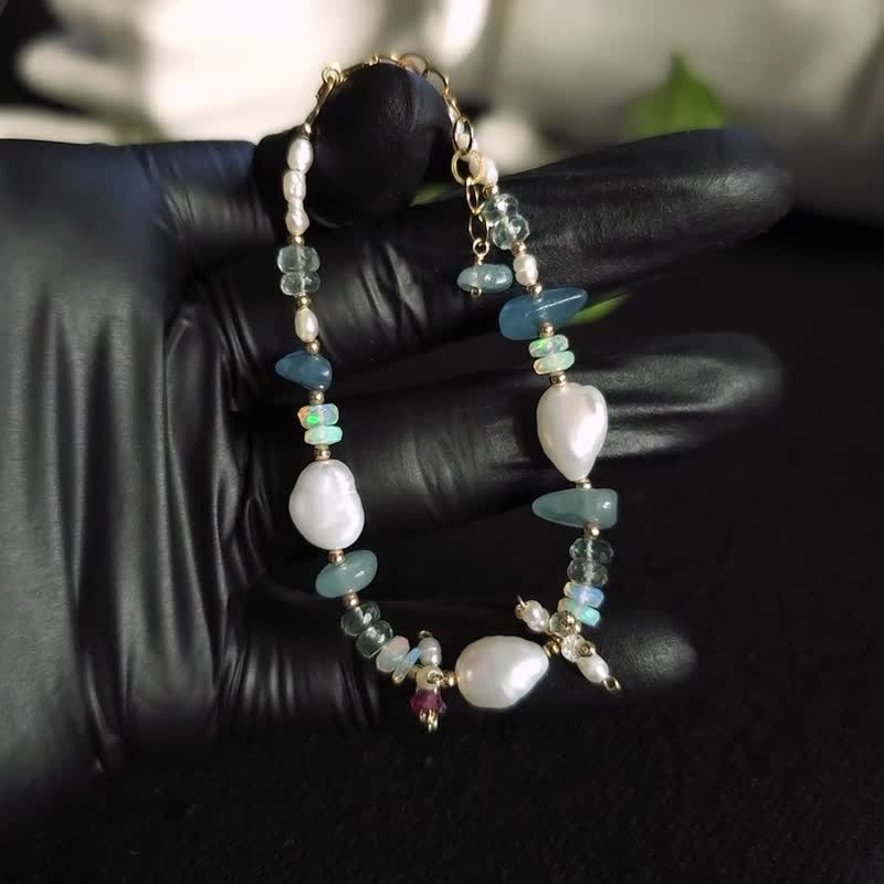 14KGF 海蓝宝石 珍珠 手链 耳环 欧泊 红榴石 - 手链/手环 - 24k 金 蓝色