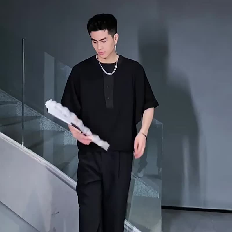 夏季华夫格短袖T恤  男士纯色拼接休闲上衣 - 男装上衣/T 恤 - 聚酯纤维 黑色
