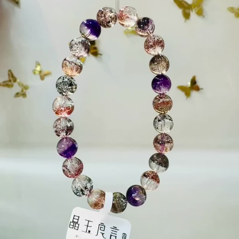 天然玻璃透浓色彩超七水晶8mm17.42g带彼岸花三轮骨干水晶黑超七 - 手链/手环 - 水晶 多色