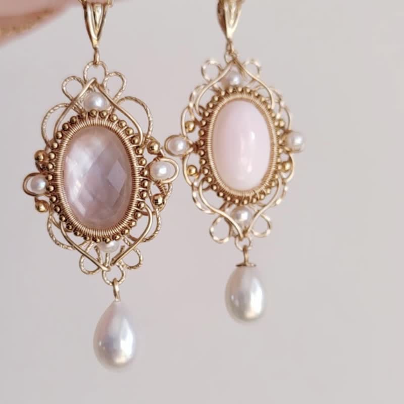 14kGF粉贝覆水晶 宫廷公主风项链 纯手工 绕线 包金项链 复古吊坠 - 项链 - 贝壳 金色