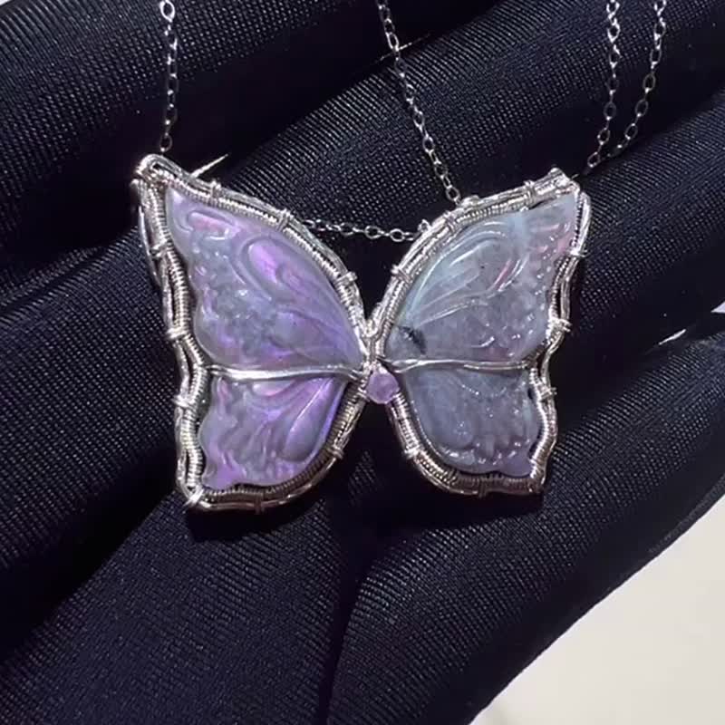 纯手工纯银绕线紫彩蝴蝶吊坠 - 项链 - 宝石 多色