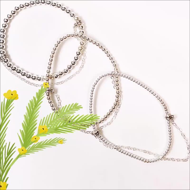 925 银珠 x 银链层次纯银手链 弹性款手串 细链宽 2mm 3mm 4mm 3 选 1 - 手链/手环 - 纯银 银色