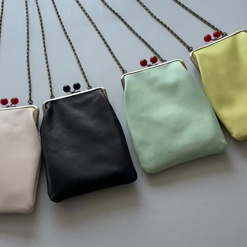 轻巧携带手机与必需品｜口金手机斜背包｜四色可选｜马皮革｜复古五金 - 其他 - 真皮 黄色