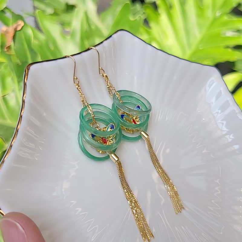 绿玉瓍 玛瑙 戒环 三元及第 蝴蝶 珐琅 福气 流苏 耳环 礼物 独家 - 耳环/耳夹 - 宝石 绿色