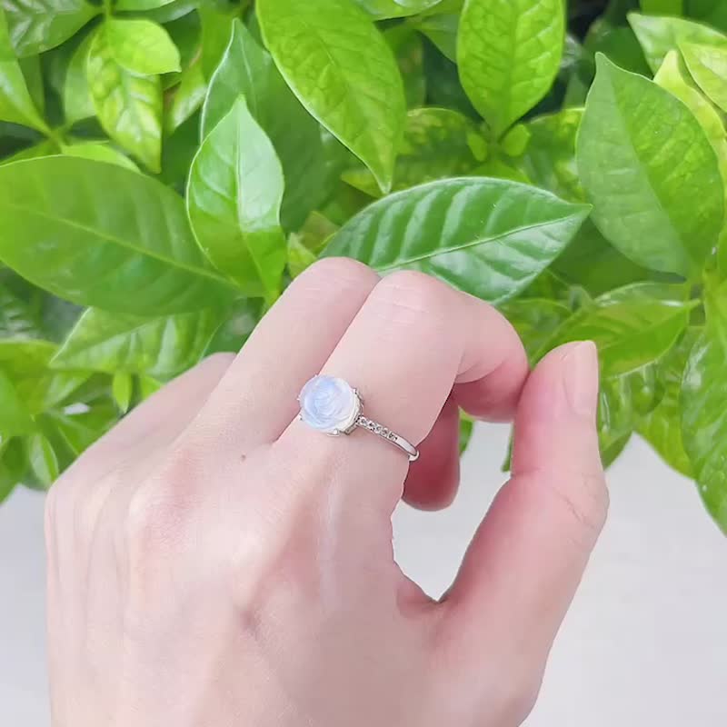 月光蓝晕玫瑰 纯银锆石钻戒指 - 戒指 - 水晶 白色