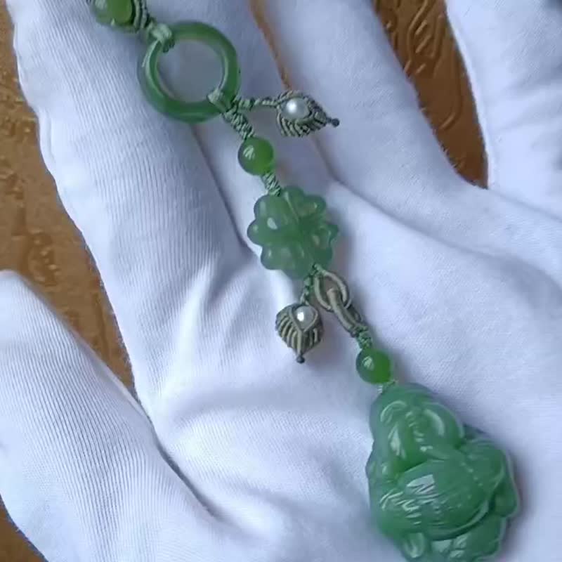 【福契】天然带猫眼碧玉财神挂饰吊饰包挂碧玉四叶草平安环 - 吊饰 - 宝石 绿色