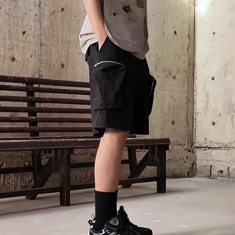 复古水洗做旧金属拉链口袋五分裤宽松牛仔短裤潮 - 男士短裤 - 其他材质 黑色