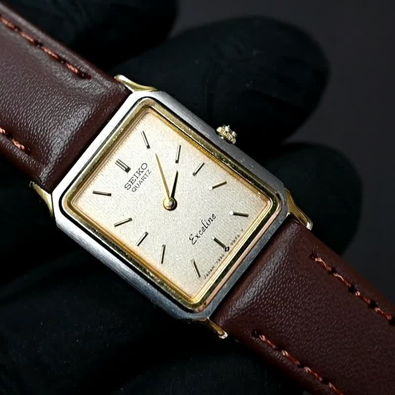 SEIKO EXCELINE 女表 石英表 19mm 长方形表壳  ગੋલ્ડ 表盘 皮革表带 型号 7320-602A 古董表 复古手表 - 女表 - 不锈钢 金色