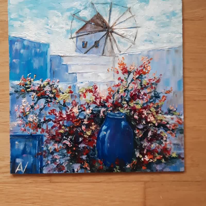 圣托里尼原创油画：希腊岛屿风车、花卉、厚涂艺术作品 - 墙贴/壁贴 - 木头 
