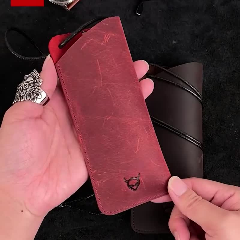 复古疯马皮眼镜收纳包手工制作真皮便携头层牛皮眼镜袋 - 眼镜盒/眼镜布 - 真皮 咖啡色