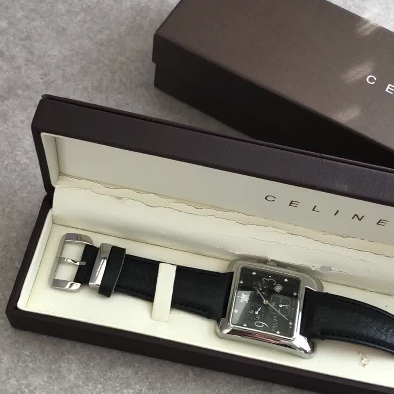 【 日本直送 名牌中古包 】CELINE 赛琳 手表 黑色 计时码表 徽章 皮革 石英表 vintage 古董 yvw3tu - 女表 - 真皮 黑色