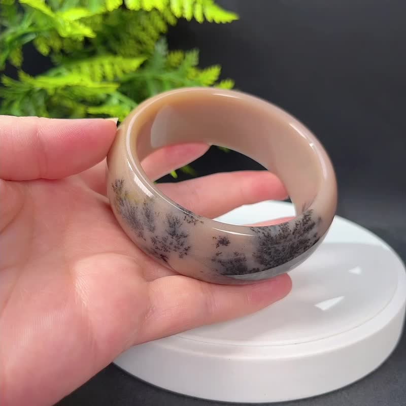 石英岩玉手镯64MM 奶茶色飘树枝纹草花玉手环 灵性招财辟邪保平安 - 手链/手环 - 玉石 