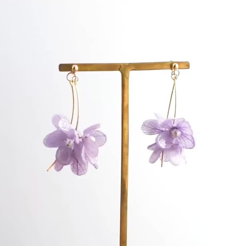紫色系真花绣球花束耳环 14KGF 手作不凋花饰品 - 耳环/耳夹 - 其他材质 紫色