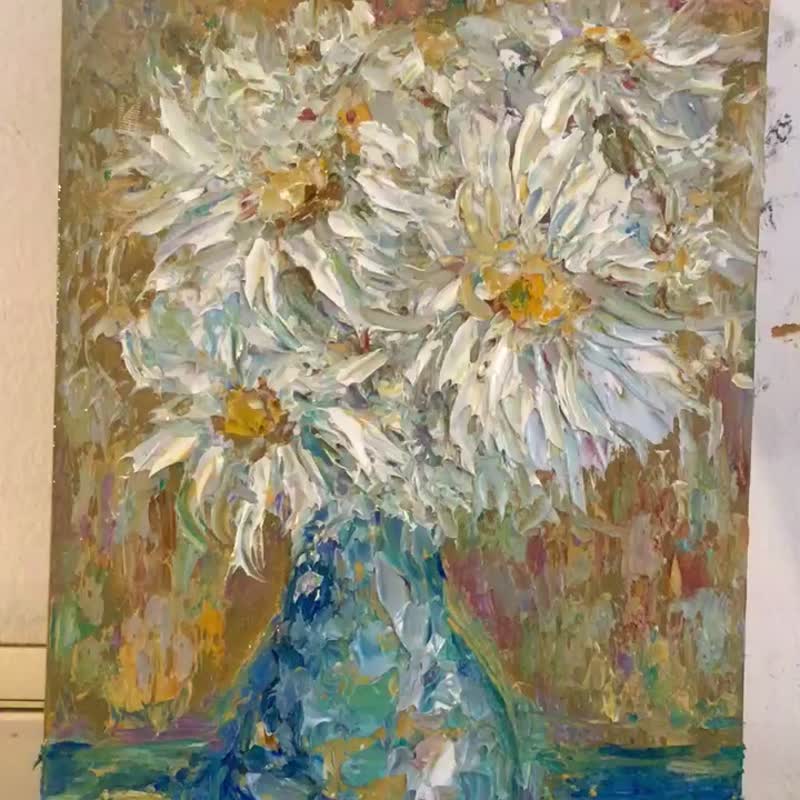 Daisies oil painting,original oil impasto style painting on 3 d canvas - 墙贴/壁贴 - 其他材质 