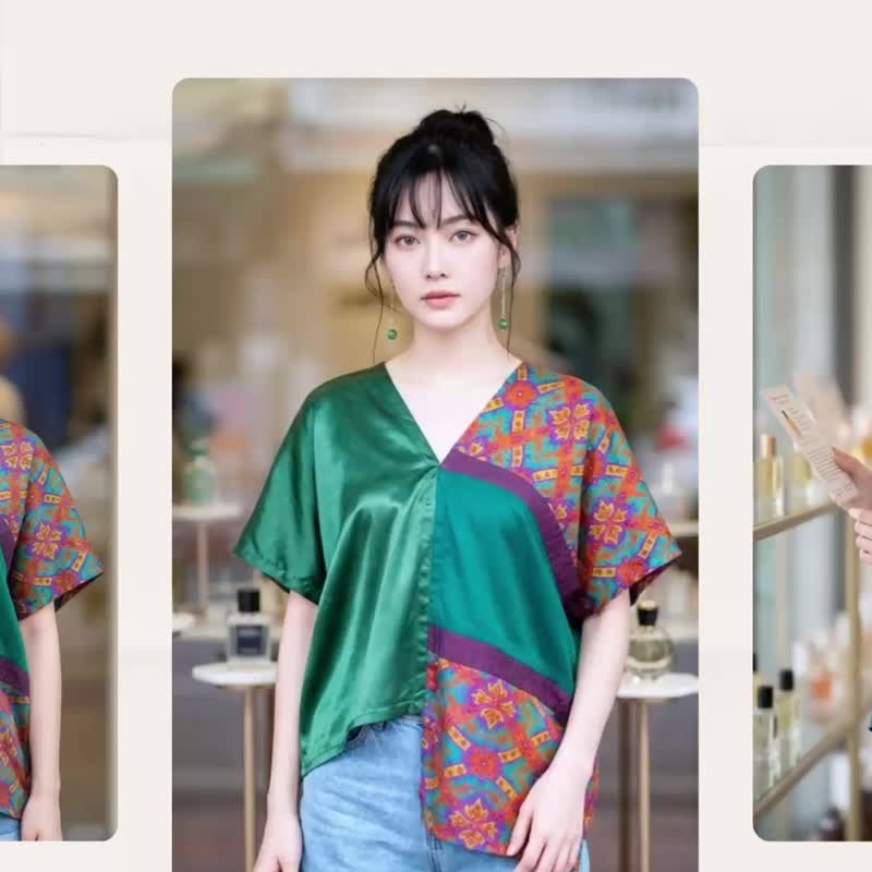 古董泰丝华丽绿紫菱格花纹图腾不对称变形虫深绿缎面四角衣四方衣 - 女装 T 恤 - 棉 绿色