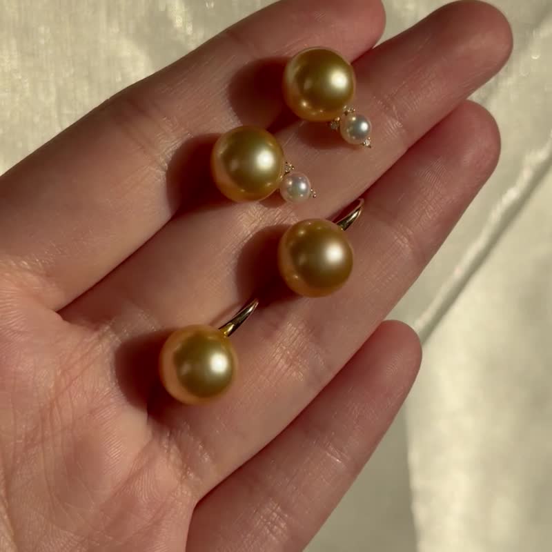 日本直送 10mm 南洋金珠 4mmAkoya 珍珠 天然海水 18k 金钻石耳环 - 耳环/耳夹 - 珍珠 金色