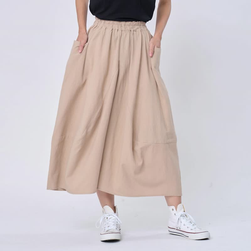 Forest 自在大口袋宽摆松紧腰长裙/卡其 - 裙子 - 棉．麻 卡其色