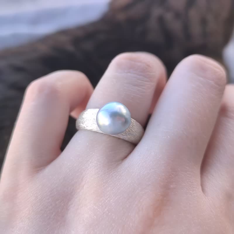 猫尾纹系列 天然无调色日本 Akoya 珍珠 戒指 925 银 - 戒指 - 珍珠 蓝色