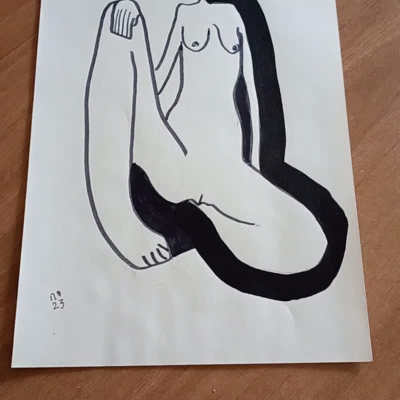 单膝跪地裸体艺术品 |女性人体素描 |地板上的裸体女人 | - 海报/装饰画/版画 - 纸 白色