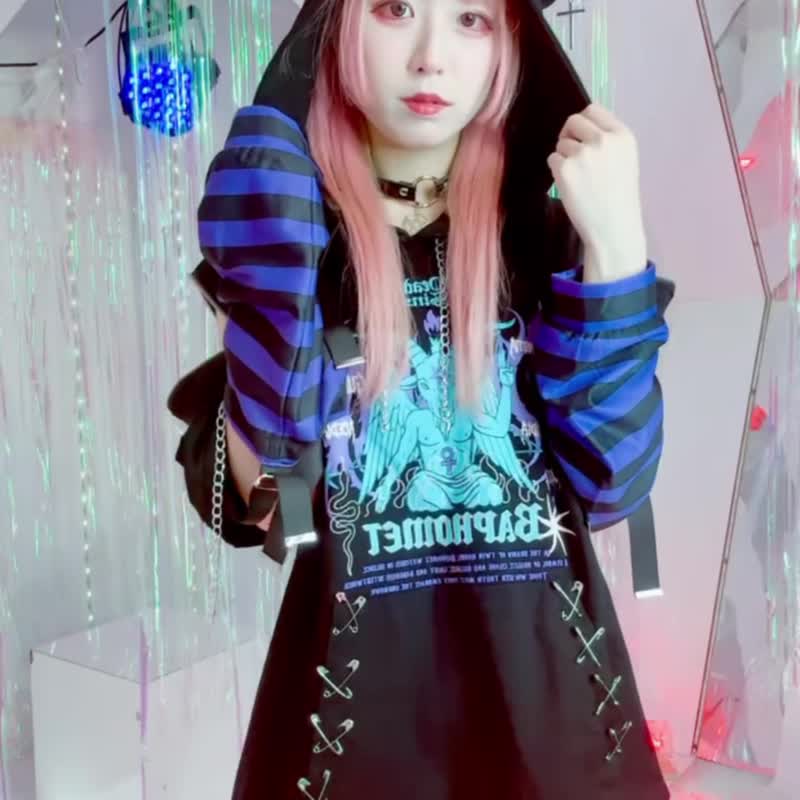 原创庞克风罪恶之歌巴风特恶魔角连帽 T 恤条纹接袖铁链设计 JJ2555 - 中性连帽卫衣/T 恤 - 棉 