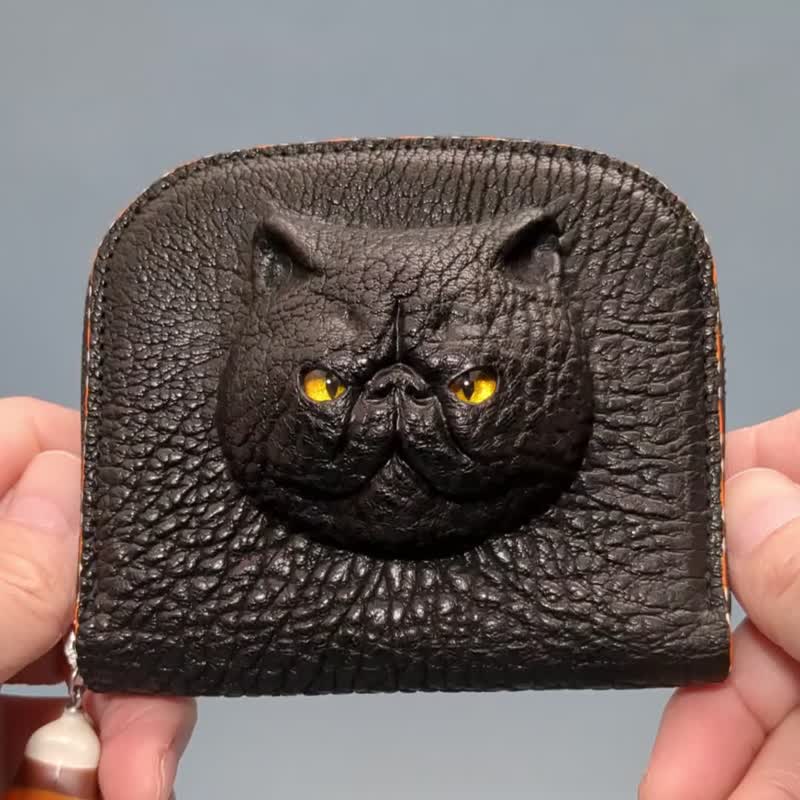 3D 异国短毛猫 皮革钱包 – 三色边框 – 日本手工制作 - 皮夹/钱包 - 真皮 黑色