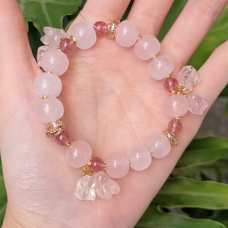 粉晶兔 草莓晶 兔年 招财 人缘 桃花 转运 兔年 手链 单品 礼物 - 手链/手环 - 宝石 粉红色