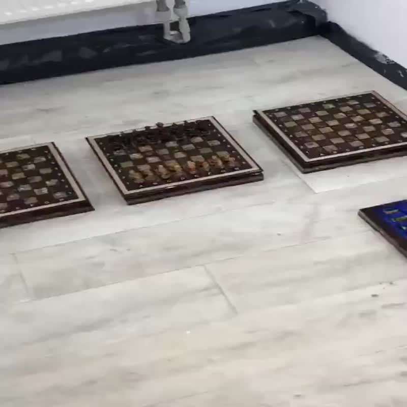 豪华木制琥珀西洋棋套装，配有经典琥珀棋子，棋盘游戏 - 桌游/玩具 - 木头 咖啡色