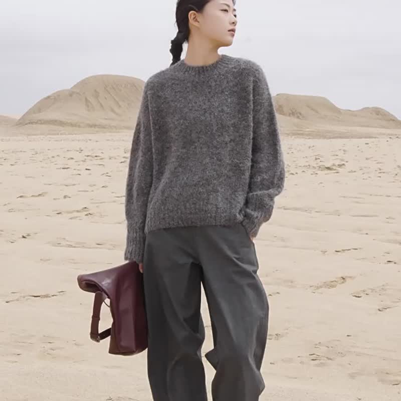 黛紫色 4色 软秋冬圆领针织毛衣 羊驼毛毛衫 - 女装针织衫/毛衣 - 羊毛 紫色