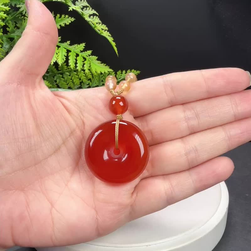 红玛瑙吊坠项链 冰润起刚手工雕刻平安扣 平安顺遂 美好期许和谐 - 项链 - 半宝石 红色