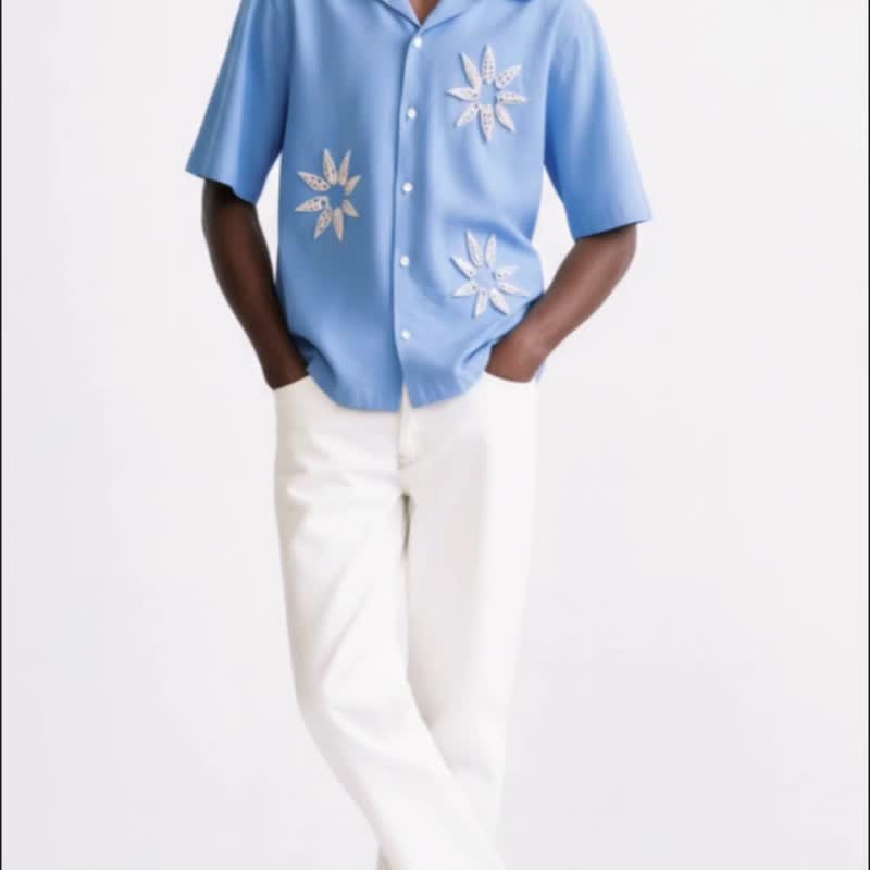 男士亚麻衬衫海贝花卉装饰 - 男装衬衫 - 亚麻 蓝色