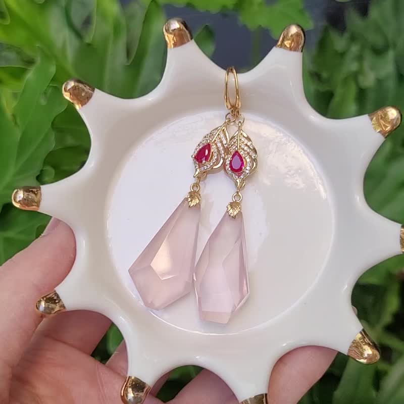 天然 顶级 星光粉晶 切面 羽 智慧 人缘 桃花 耳环 仅此一件 - 耳环/耳夹 - 宝石 粉红色