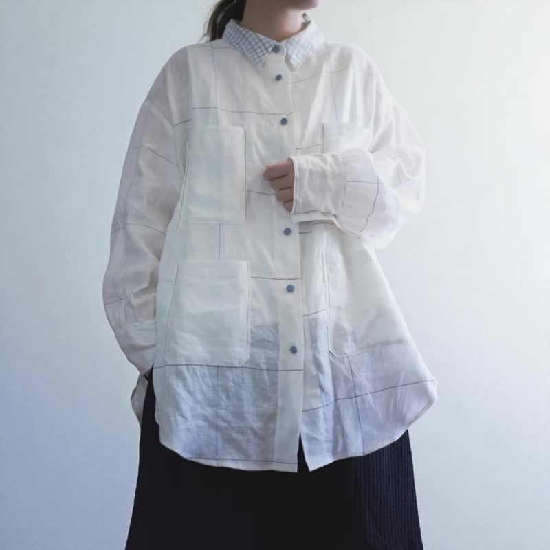 白格纹拼接麻料长袖衬衫 - 女装衬衫 - 棉 白色