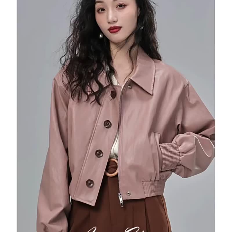 秋季上新 短款粉色环保皮长袖外套 小个子穿搭经典复古夹克皮衣 - 女装上衣 - 人造皮革 粉红色