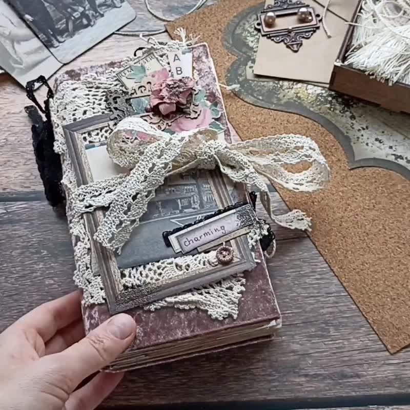 Familiar tree junk journal handmade Vintage diary Romantic heritage notebook - 笔记本/手帐 - 纸 粉红色