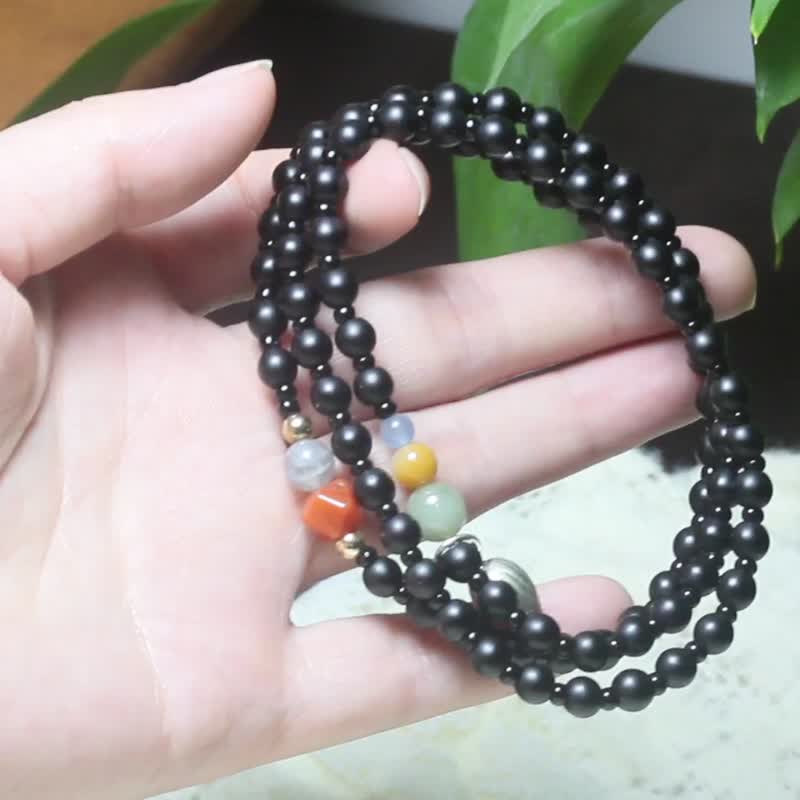 【黑曜石手串】精品玉石男女士佛珠送朋友生日节日礼物莲花手链 - 手链/手环 - 玉石 黑色
