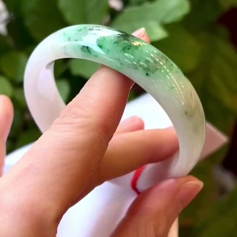 冰种 缅甸翡翠 天然A玉 玉镯 • 白瓷底青翡翠福镯 - 手链/手环 - 玉石 白色