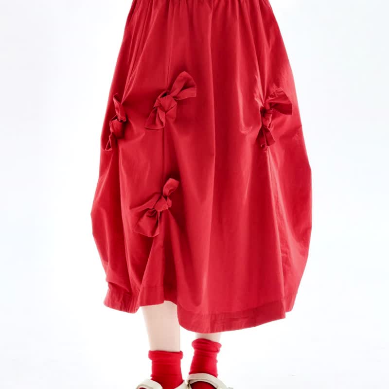 红色蝴蝶结纯棉水洗半身裙 / 裙子 - 裙子 - 棉．麻 红色