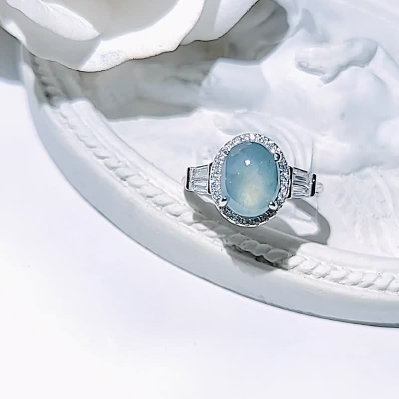 |招财海蓝|A货翡翠深蓝飘金丝绿大蛋面9.6mm纯银镀18k戒指 - 戒指 - 玉石 