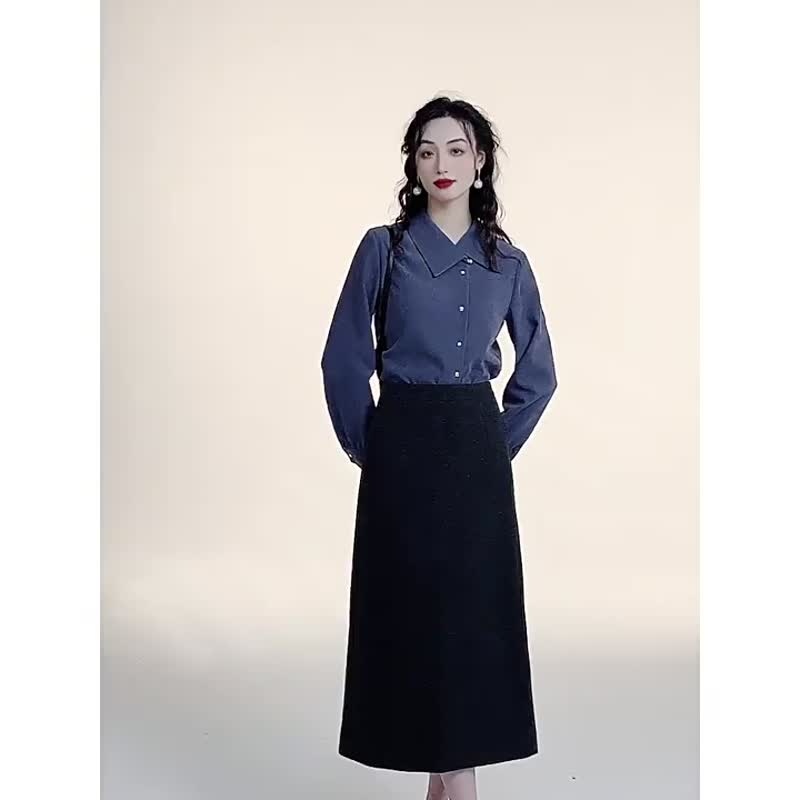 蓝色磨毛衬衫丝绒百褶半身裙套装 秋装新品通勤复古文艺风洋装 - 洋装/连衣裙 - 其他材质 蓝色